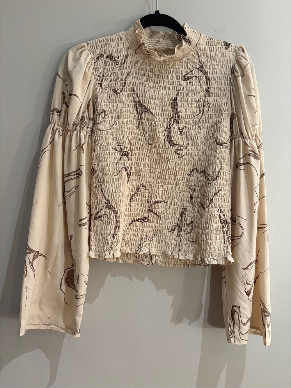 OAK + FORT Smocked Abstract Floral Bell Sleeve Blouse – Size Small